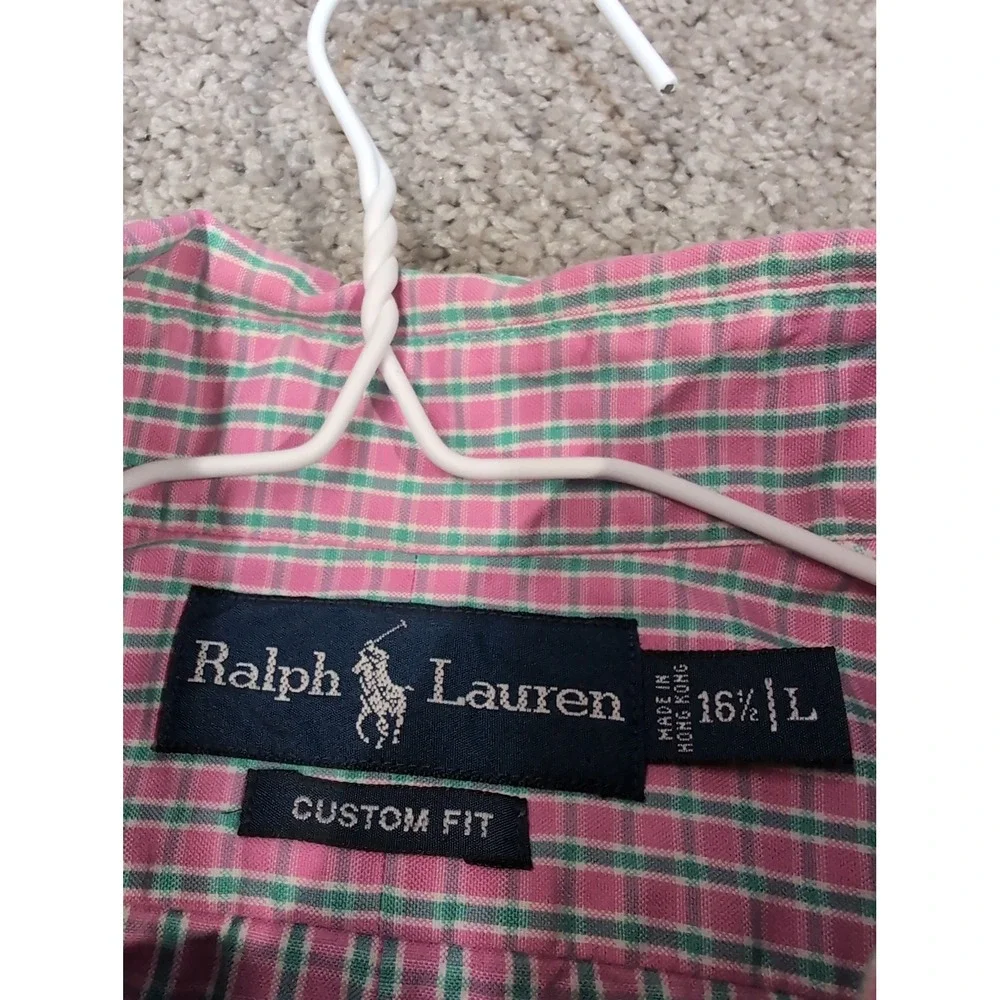 Ralph Lauren Custom Fit Plaid Shirt Mens 16.5 L Pink Green Long Sleeve Button‎
